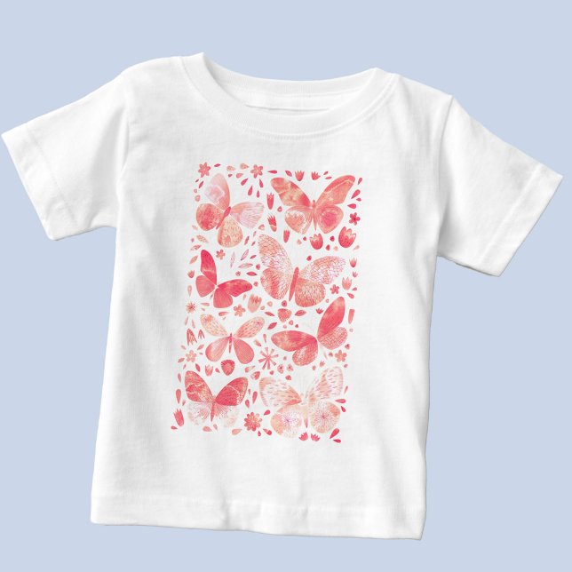 Camiseta Borboleta Aquarela Rosa (Peach coral blush pink watercolor butterfly baby t-shirt)