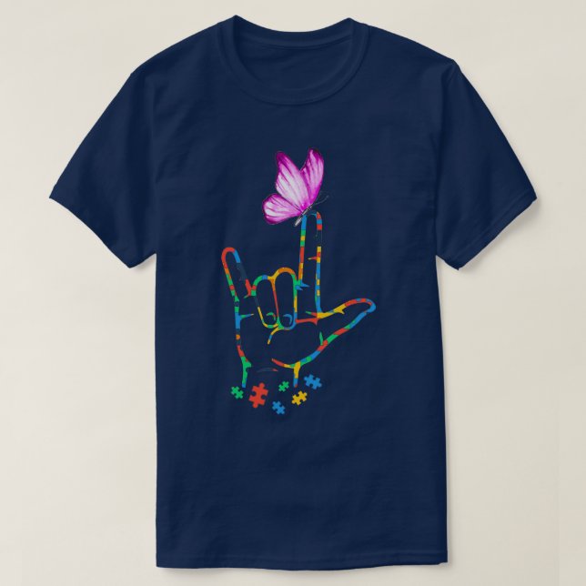Camiseta Borboleta Autismo Sensibilização Linguagem de Sina (Frente do Design)