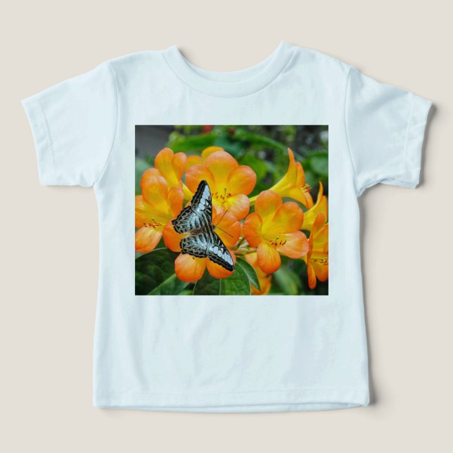Camiseta Borboleta azul com Rhododendron tropical (Design frontal)