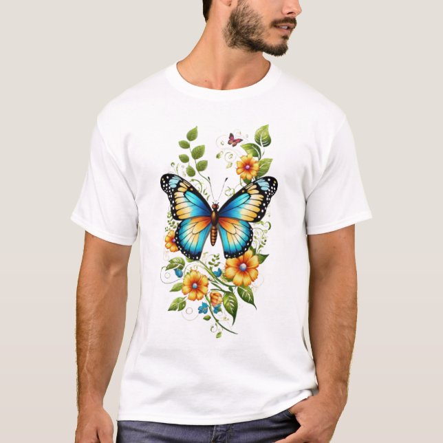 Camiseta Borboleta Azul e Blooms Amarelos-45871 (Frente)