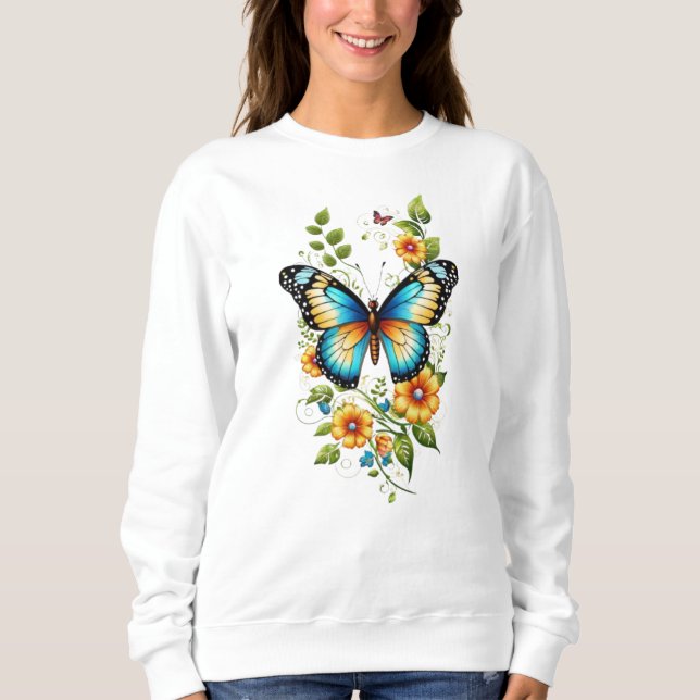 Camiseta Borboleta Azul e Blooms Amarelos-45871 Hoodie (Frente)