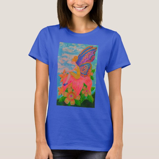 Camiseta Borboleta azul, flores borboletas (Frente)