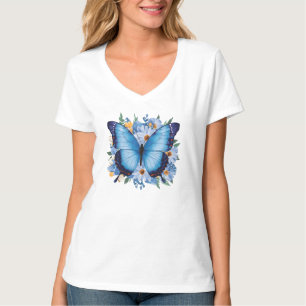 Camiseta Borboleta Azul Graciosa em Floral