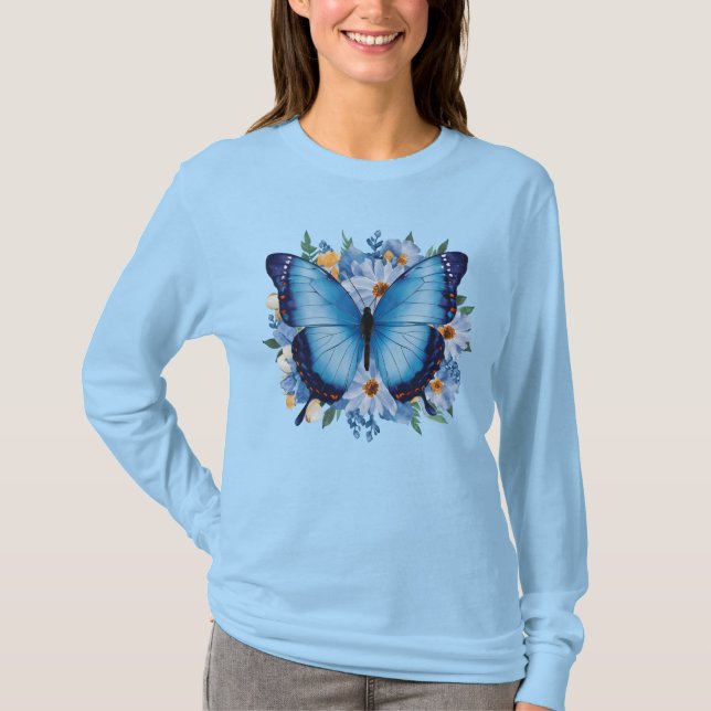 Camiseta Borboleta Azul Graciosa em Floral (Frente)