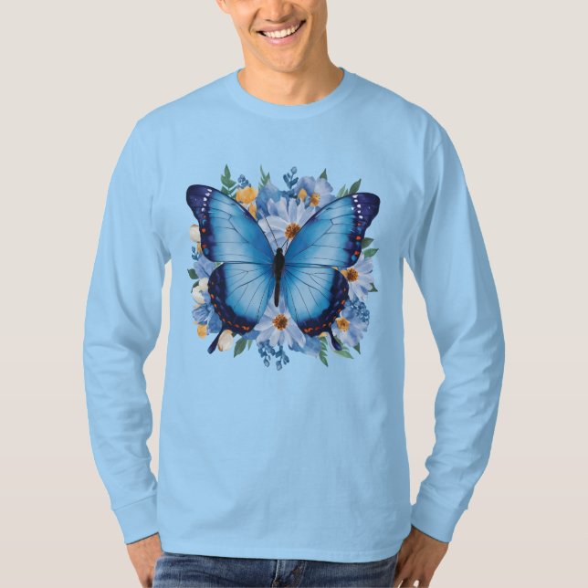 Camiseta Borboleta Azul Graciosa em Floral (Frente)