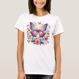 Camiseta Borboleta branca e colorida