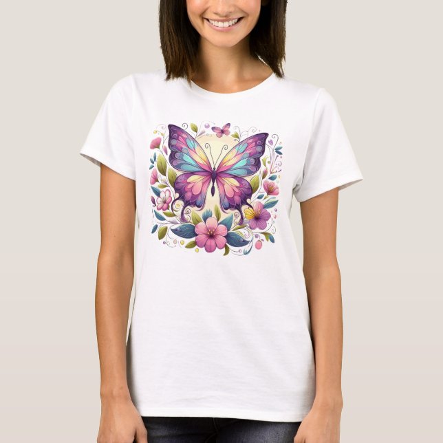 Camiseta Borboleta branca e colorida (Frente)
