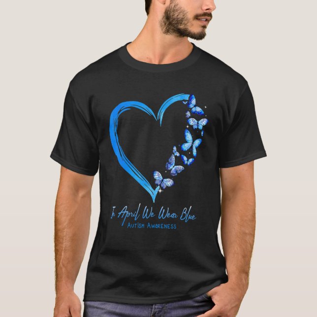 Camiseta Borboleta Cardíaca Em Abril Vestimos Autismo Azul (Frente)