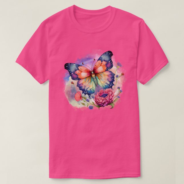 Camiseta Borboleta Colorida e Flores Unisex (Frente do Design)