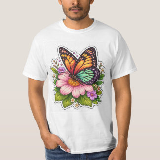 Camiseta Borboleta Colorida sobre Flor Natureza Pictórica