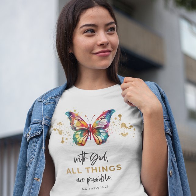 Camiseta Borboleta Com Deus Todas as Coisas São Possíveis (Criador carregado)