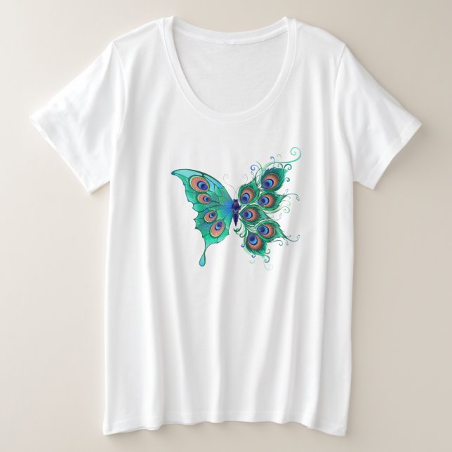 Camiseta Borboleta com Penas de Pavão Verde (Frente do Design)