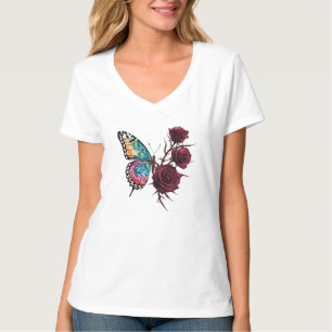 Camiseta Borboleta de Arte de Tatuagem com Rosas - Pescoço