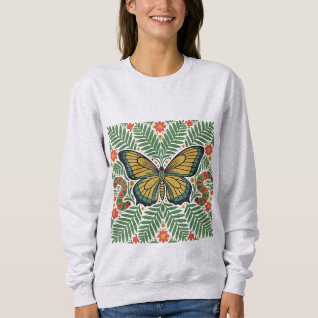 Camiseta Borboleta de Arte Popular com Samambaias (Frente)