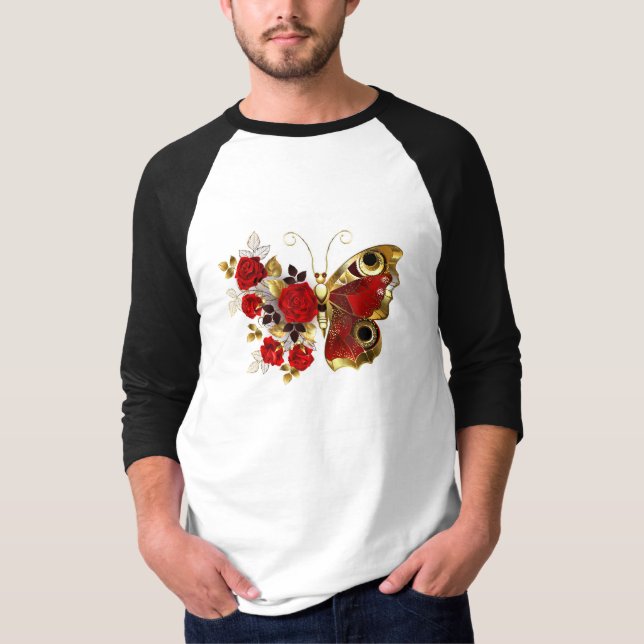 Camiseta Borboleta de flor vermelha com rosas vermelhas (Frente)