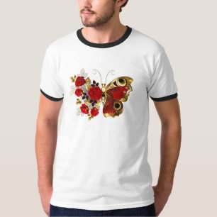 Camiseta Borboleta de flor vermelha com rosas vermelhas