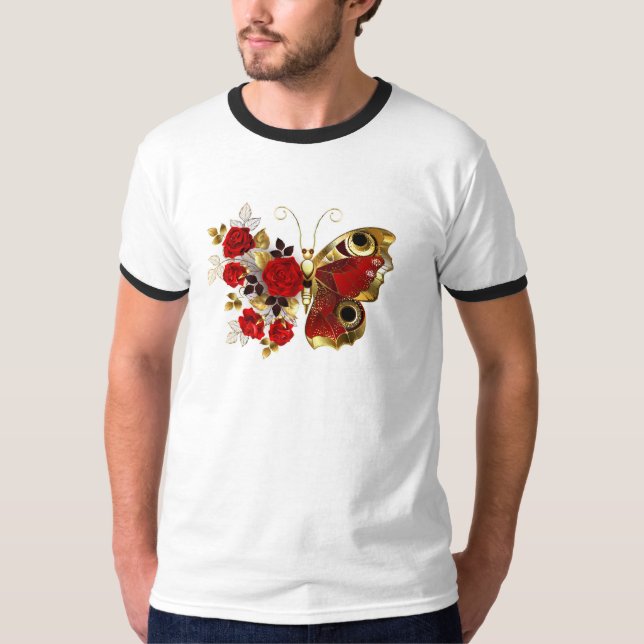 Camiseta Borboleta de flor vermelha com rosas vermelhas (Frente)