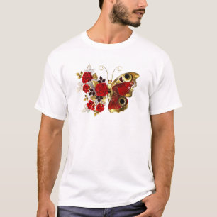 Camiseta Borboleta de flor vermelha com rosas vermelhas