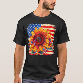 Camiseta Borboleta De Girassol Usa Flag America V-Neck