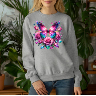 Camiseta Borboleta de Pedras Preciosas Com Rosas C