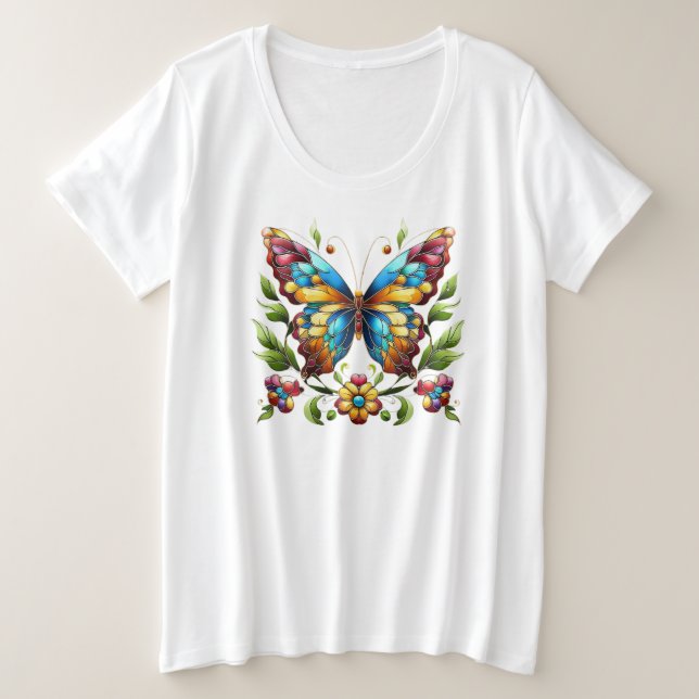 Camiseta Borboleta de vidro colorida com flores (Frente do Design)