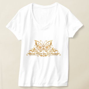 Camiseta Borboleta Dourada Floresça Onde Você Está