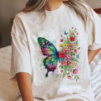 Camiseta Borboleta e Floral em Aquarela