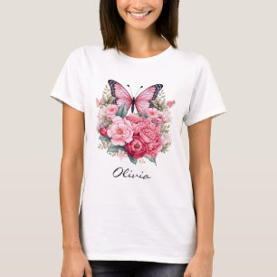 Camiseta Borboleta e Flores Retro-Aquarela Cor-de-rosa