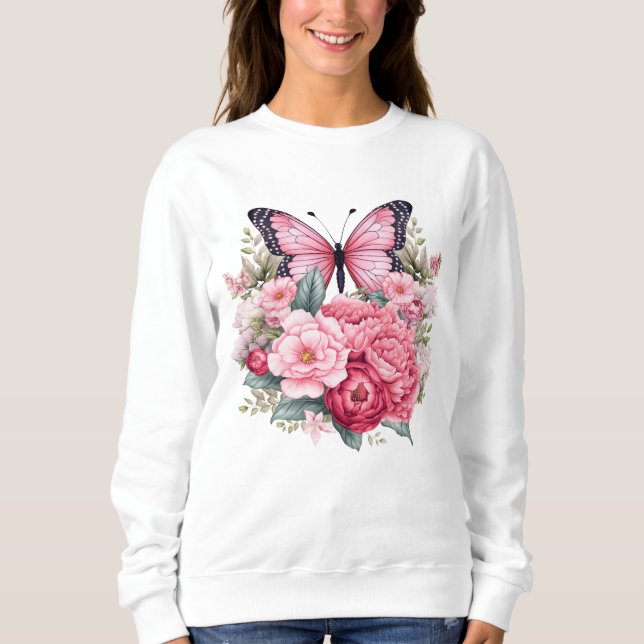 Camiseta Borboleta e Flores Retro-Aquarela Cor-de-rosa (Frente)