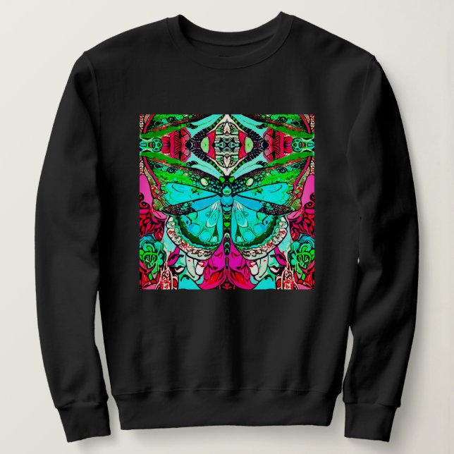 Camiseta Borboleta e Medallion Batik Padrões em Turquesa (Frente do Design)
