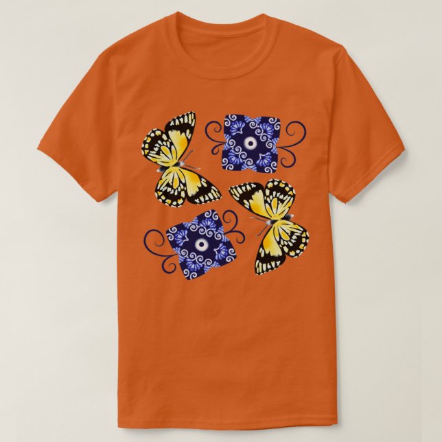Camiseta Borboleta e ornamentado azul (Frente do Design)