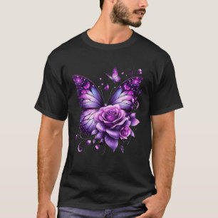 Camiseta Borboleta Em Uma Flor De Rosa Com Cor Púrpura
