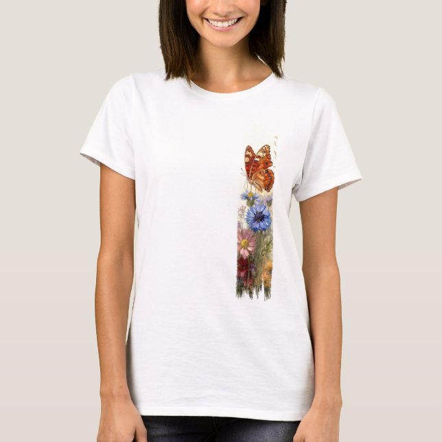 Camiseta Borboleta Entre Flores Selvagens - Pintura De Brus (Frente)