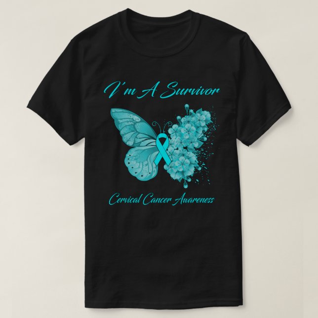 Camiseta Borboleta Eu sou um Sobrevivente Cervical Cancer C (Frente do Design)