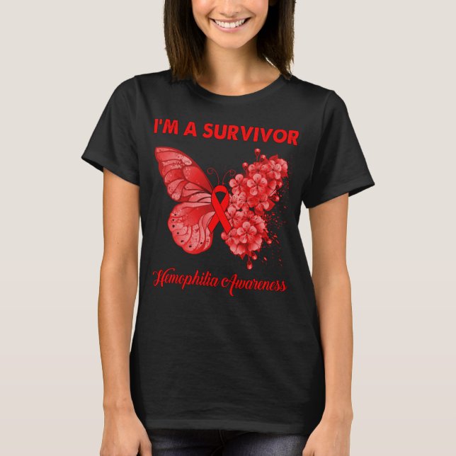 Camiseta Borboleta Eu sou um sobrevivente Hemofilia Consciê (Frente)