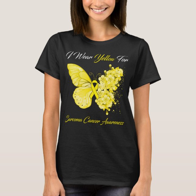Camiseta Borboleta Eu Visto Amarelo Para Cancer Sarcoma  (Frente)