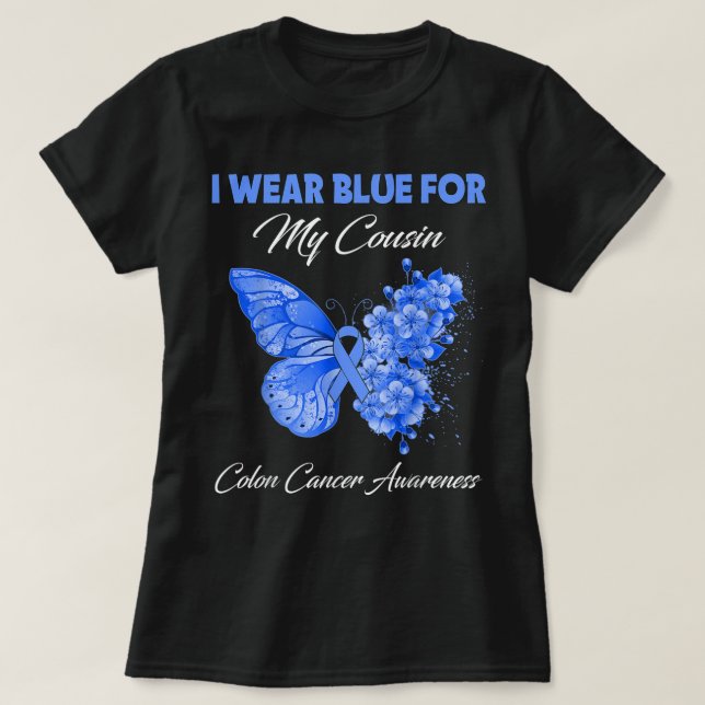 Camiseta Borboleta Eu Visto Azul Para Meu Primo Colon Cance (Frente do Design)