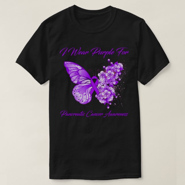 Camiseta Borboleta Eu Visto Roxo Para Câncer de pâncreas De (Frente do Design)