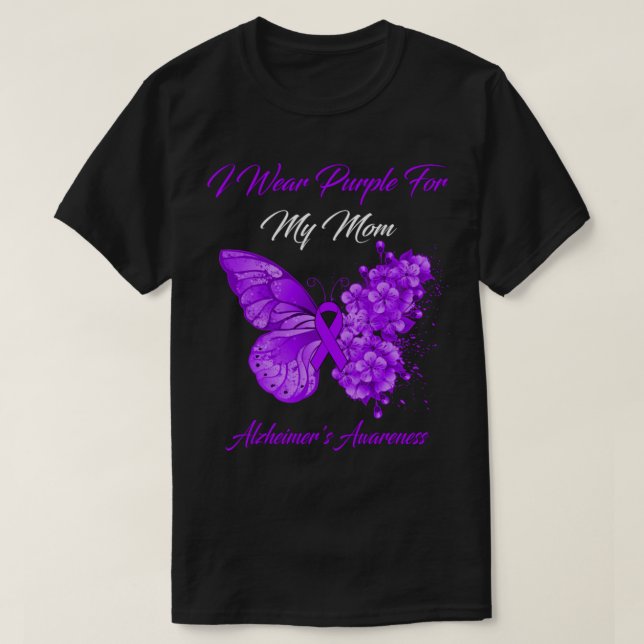 Camiseta Borboleta eu Visto roxo para minha mãe Alzheimer's (Frente do Design)
