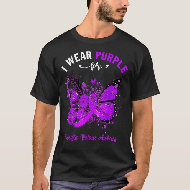 Camiseta Borboleta Eu Visto Roxo Por Violência Doméstica Em (Frente)