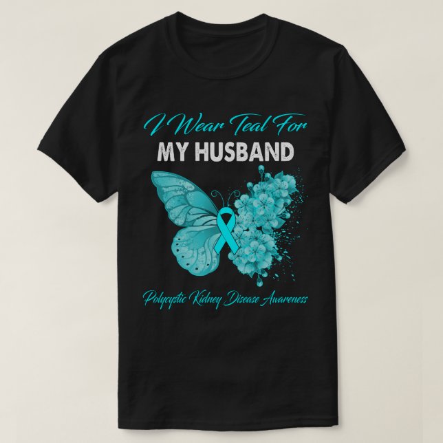 Camiseta Borboleta Eu Visto Teal Para Meu Marido Polcístico (Frente do Design)