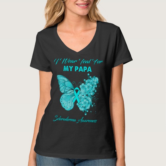 Camiseta Borboleta Eu Visto Teal Para Meu Papa Scleroderma  (Frente)