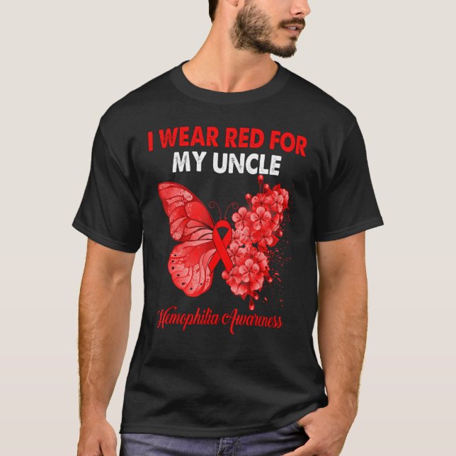 Camiseta Borboleta Eu Visto Vermelho Para Meu Tio Hemofilia (Frente)