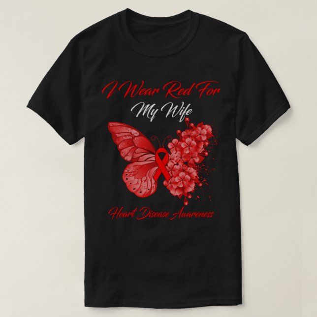 Camiseta Borboleta Eu Visto Vermelho Para Minha Mulher Doen (Frente do Design)
