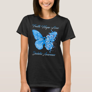 Camiseta Borboleta Fé Esperança Ama Consciência da Diabetes
