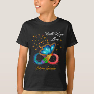 Camiseta Borboleta Fé Esperança Ama Consciência da Leucemia