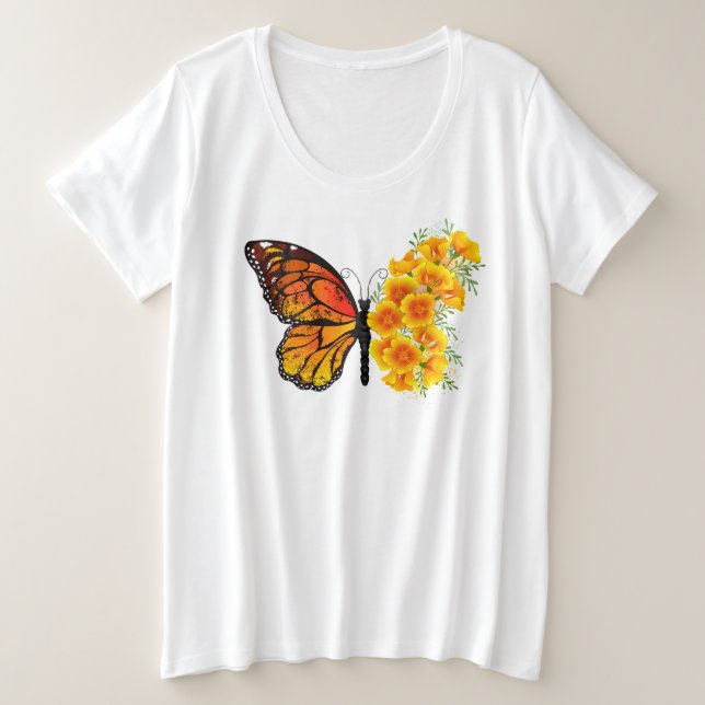 Camiseta Borboleta Flor com Papagaio Amarelo da Califórnia (Frente do Design)