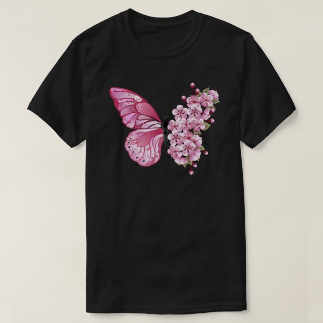 Camiseta Borboleta Flor com Sakura Rosa (Frente do Design)