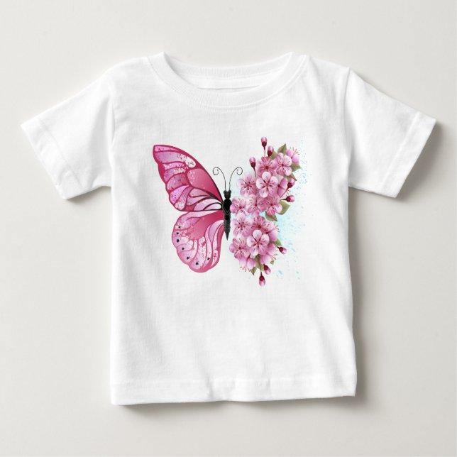Camiseta Borboleta Flor com Sakura Rosa (Frente)