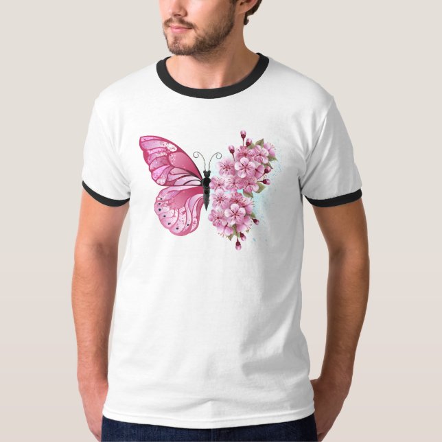 Camiseta Borboleta Flor com Sakura Rosa (Frente)